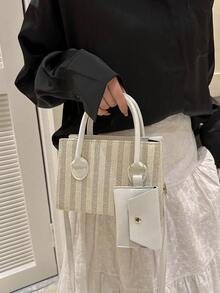 小草編包條紋圖案帶零錢包,完美適合夏天海灘旅行度假 - 米色 - 查看 2