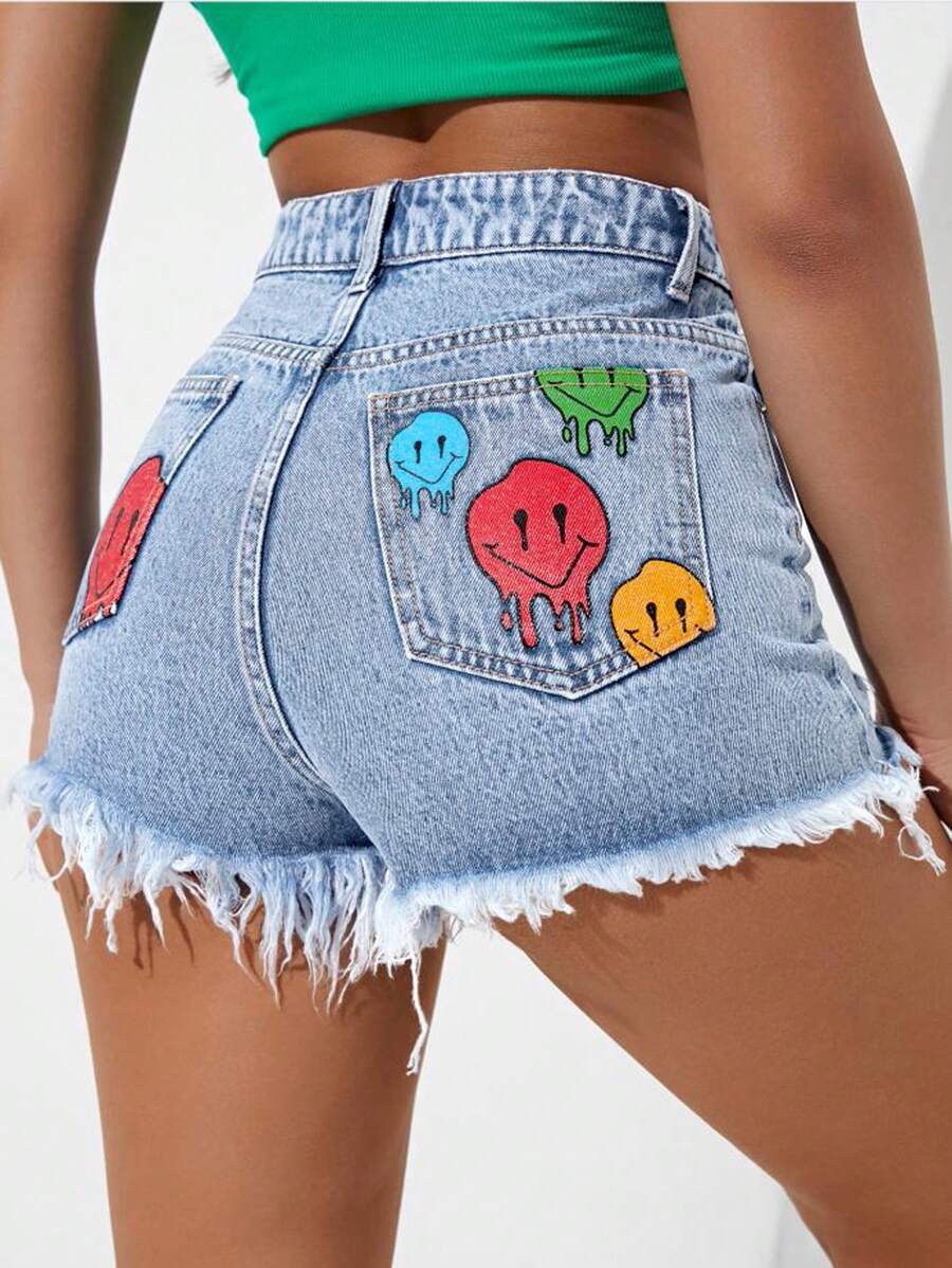 Cartoon Face Print Raw Hem Denim Shorts - Light Wash - View 1