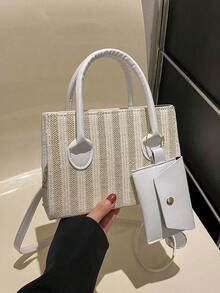 小草編包條紋圖案帶零錢包,完美適合夏天海灘旅行度假 - 米色 - 查看 4