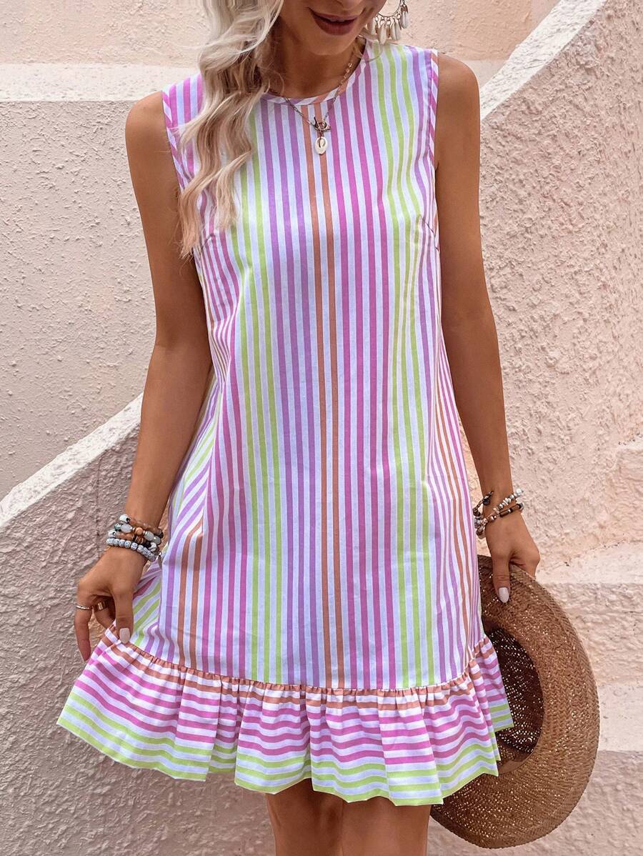 SHEIN VCAY Striped Print Ruffle Hem Dress - Multicolor - View 1