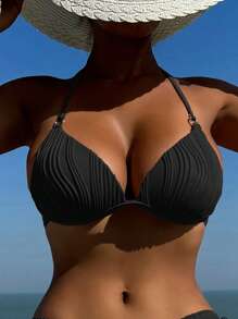 SHEIN Swim Summer Beach Plain Halter Push Up Bikini Top - Black - View 1