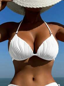 SHEIN Swim 吊脖提臀比基尼泳裝上衣 - 白色 - 查看 1