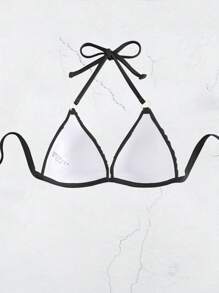 SHEIN Swim Summer Beach Plain Halter Push Up Bikini Top - Black - View 4