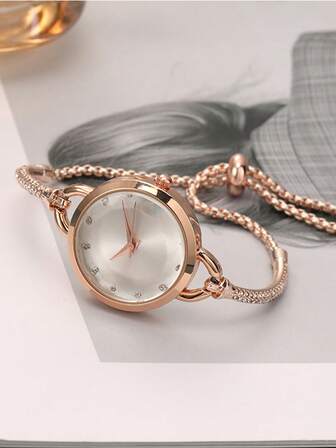 Mujer 1 pieza rosa dorado con diseño de diamante de imitación aleación de zinc con tira atractivo redondo esfera cuarzo para vida diaria