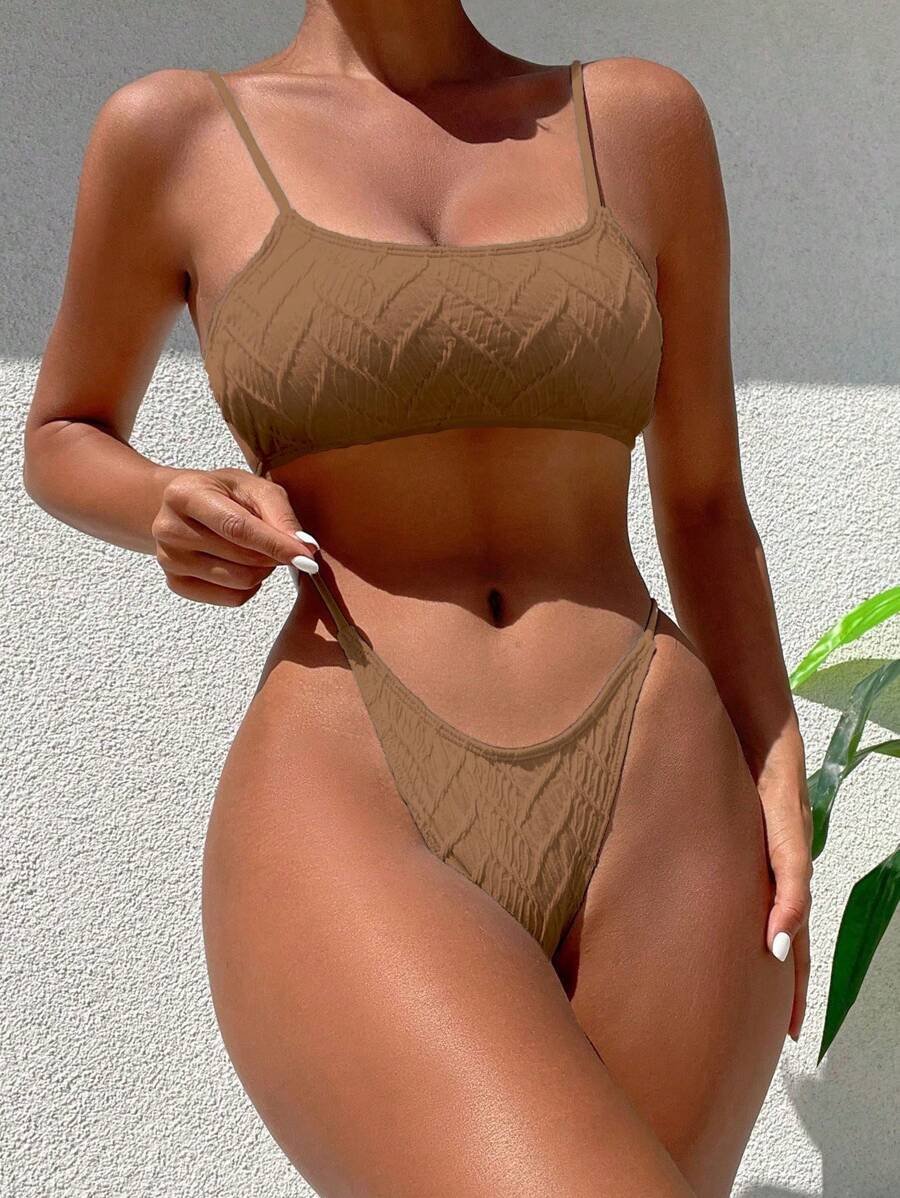 素色丁字褲比基尼泳裝 - 駝色 - 查看 1