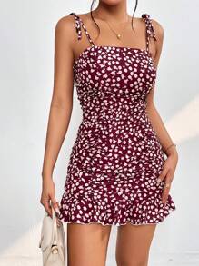 SHEIN PETITE Allover Print Tie Shoulder Ruffle Hem Cami Dress - Red - View 1