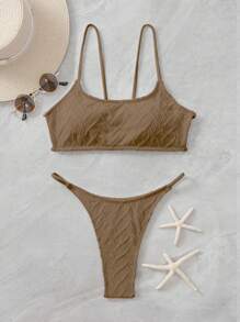 素色丁字褲比基尼泳裝 - 駝色 - 查看 3