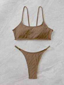 素色丁字褲比基尼泳裝 - 駝色 - 查看 4