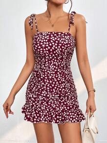 SHEIN PETITE Allover Print Tie Shoulder Ruffle Hem Cami Dress - Red - View 5