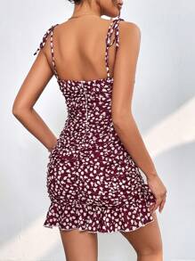 SHEIN PETITE Allover Print Tie Shoulder Ruffle Hem Cami Dress - Red - View 6
