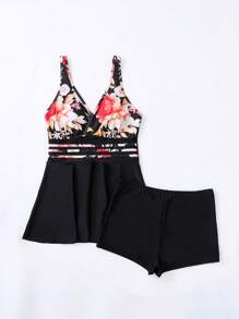 Swim Lushoire Floral Print Ruffle Hem Swim Dress Summer Beach - Black - View 4