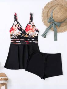 Swim Lushoire Floral Print Ruffle Hem Swim Dress Summer Beach - Black - View 6