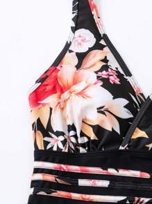 Swim Lushoire Floral Print Ruffle Hem Swim Dress Summer Beach - Black - View 8