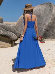 波西米亚黑色蝴蝶结淑女连衣裙轻盈优雅海边度假音乐节派对 - 藍色 - 查看 2