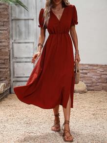 SHEIN VCAY Solid Split Thigh A-line Dress - Rust Brown - View 1