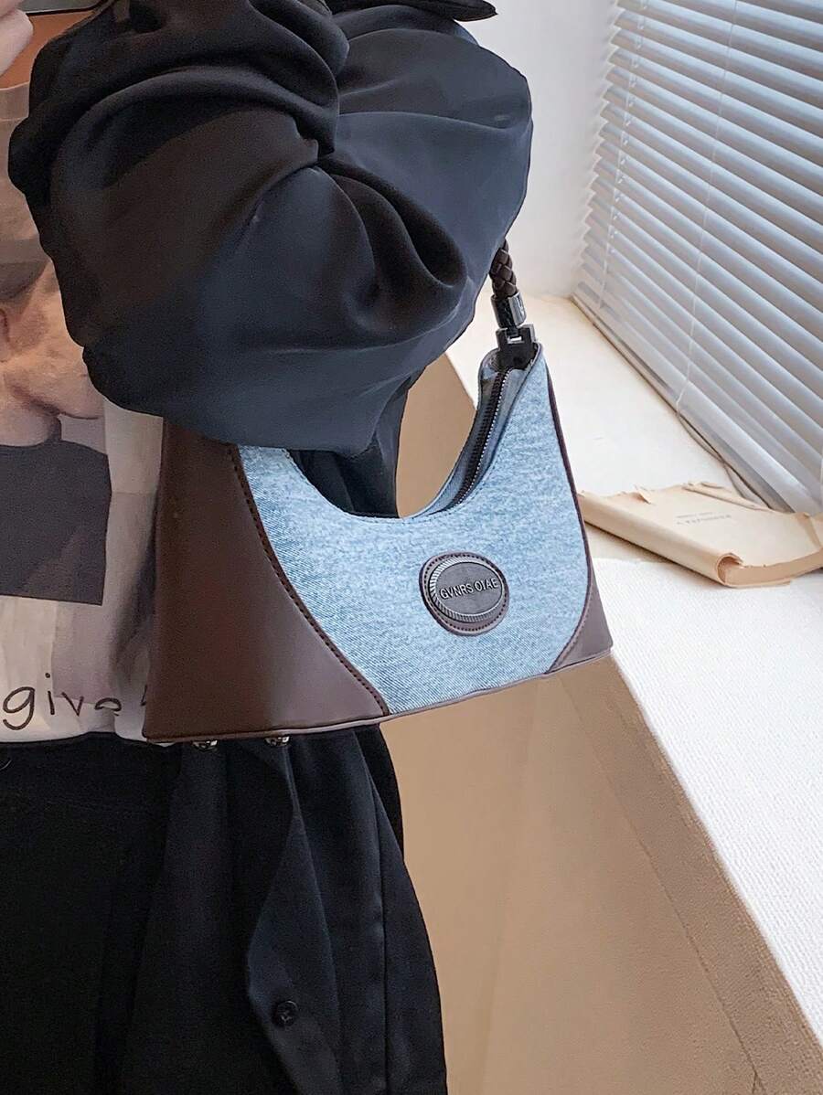 Letter Patch Decor Túi đeo vai Colorblock Zipper - Nhiều màu - Xem 1