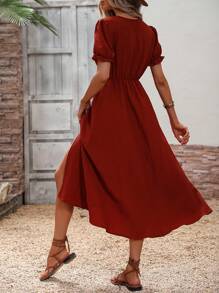 SHEIN VCAY Solid Split Thigh A-line Dress - Rust Brown - View 2