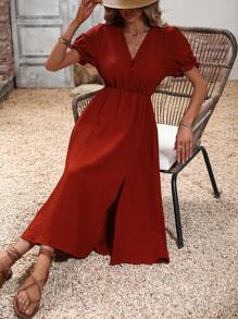 SHEIN VCAY Solid Split Thigh A-line Dress - Rust Brown - View 4