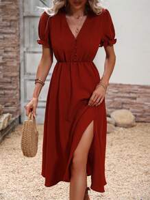SHEIN VCAY Solid Split Thigh A-line Dress - Rust Brown - View 5