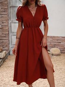 SHEIN VCAY Solid Split Thigh A-line Dress - Rust Brown - View 6