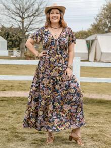 大碼印花前繫帶洋裝 - 彩色 - 查看 1