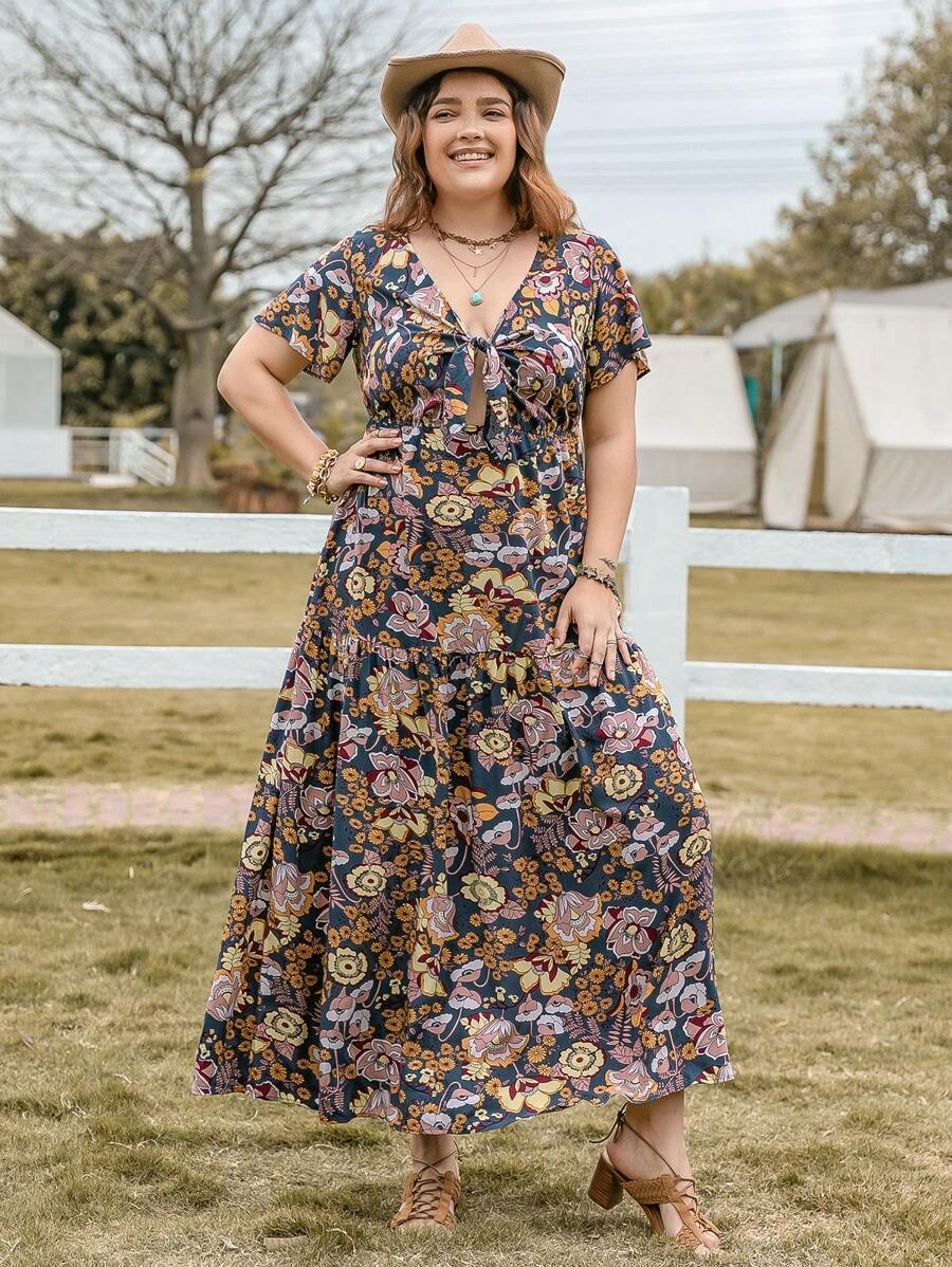 大碼印花前繫帶洋裝 - 彩色 - 查看 1