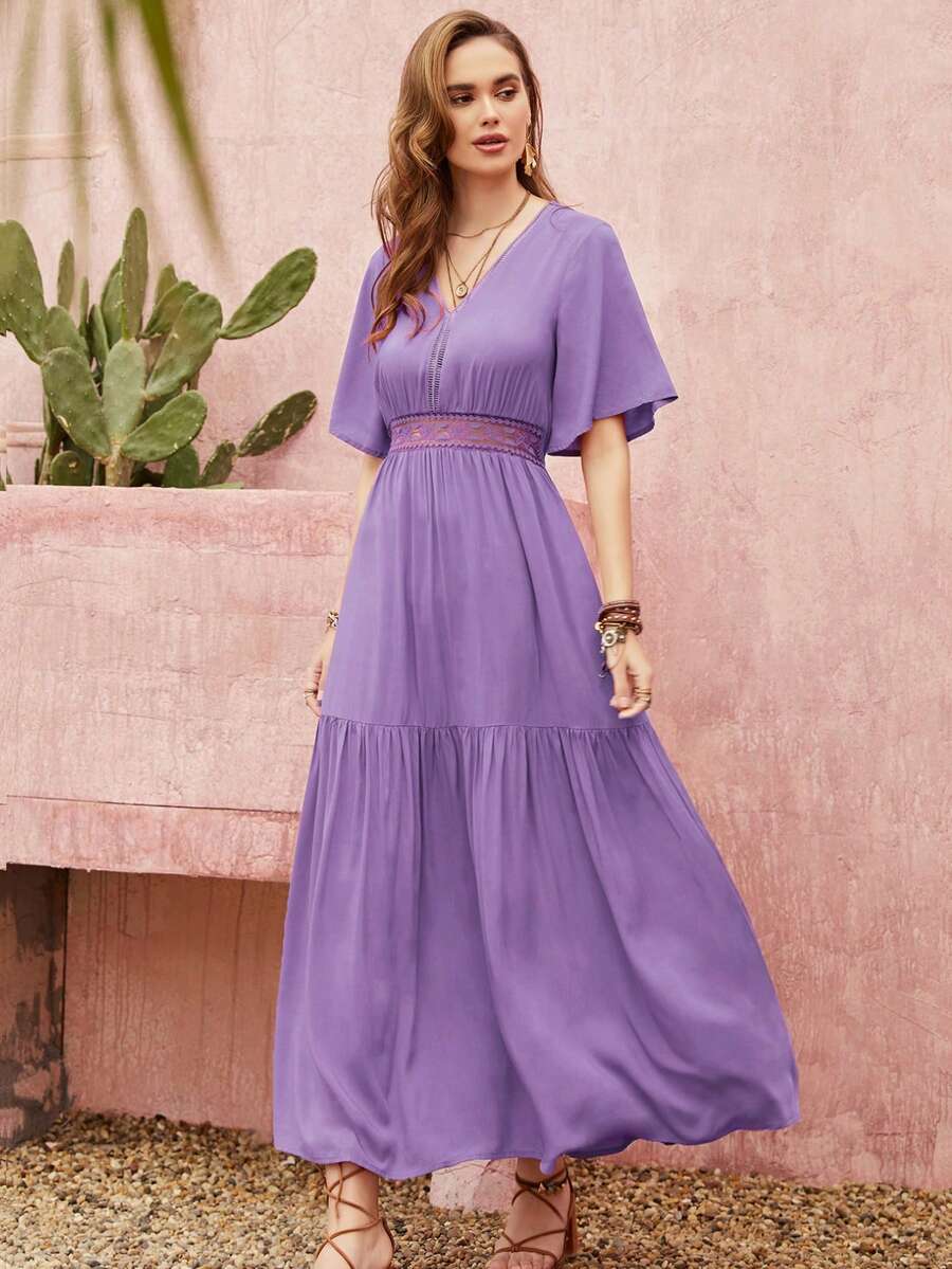 Women's Spring And Summer Green V-Neck Short-Sleeved Waist Lace Stitching Dress Boho Easter Beach Outfits Hawaii Music Festival Tropical Vacation - Purple - View 1