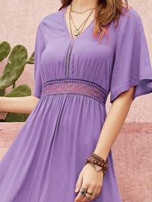 Women's Spring And Summer Green V-Neck Short-Sleeved Waist Lace Stitching Dress Boho Easter Beach Outfits Hawaii Music Festival Tropical Vacation - Purple - View 4