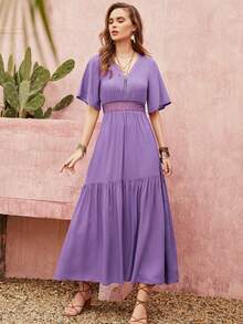 Women's Spring And Summer Green V-Neck Short-Sleeved Waist Lace Stitching Dress Boho Easter Beach Outfits Hawaii Music Festival Tropical Vacation - Purple - View 6