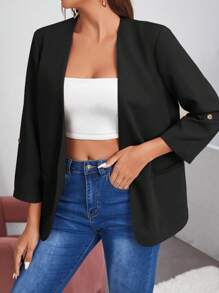 SHEIN LUNE Áo khoác  âu phục nữ Nút màu trơn Giải trí - màu đen - Xem 3