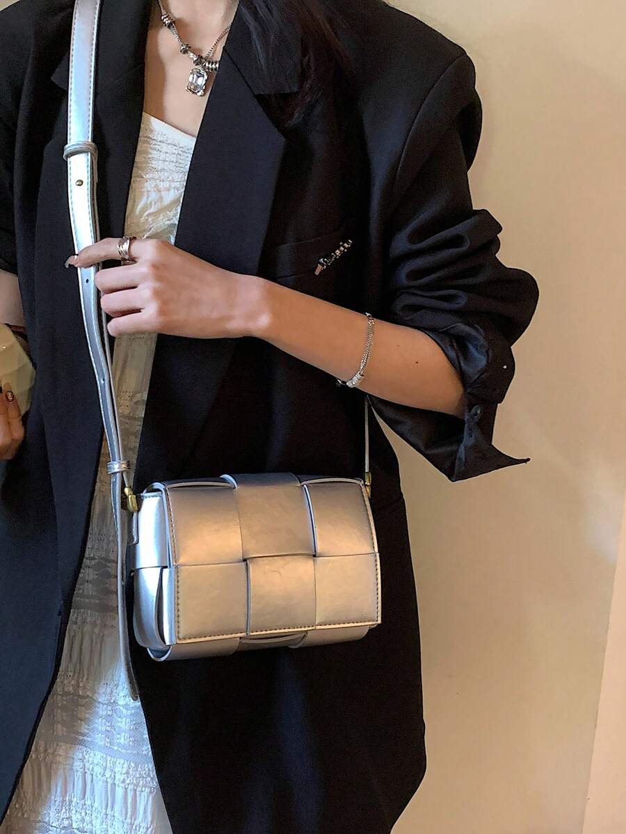 迷你金屬質感編織細節方包前衛 - 銀色 - 查看 1