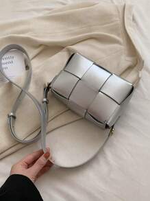 迷你金屬質感編織細節方包前衛 - 銀色 - 查看 2