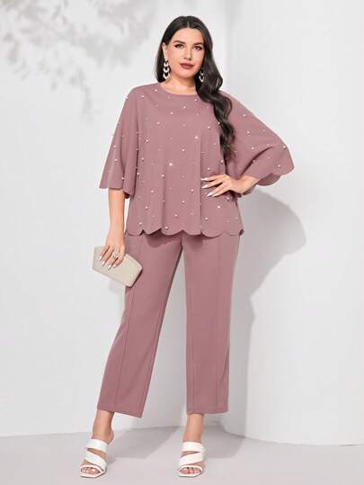 Modelyn 大碼珍珠串珠貝殼邊上衣和褲子