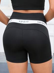 SHEIN Yoga Futuristic Letter Graphic Contrast Panel Sports Shorts - Black - View 3