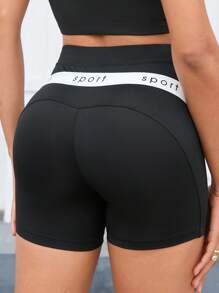 SHEIN Yoga Futuristic Letter Graphic Contrast Panel Sports Shorts - Black - View 4