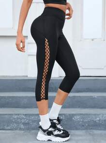 SHEIN Yoga Trendy Quần Leggings Thể thao Nữ Cắt ra màu trơn - màu đen - Xem 4