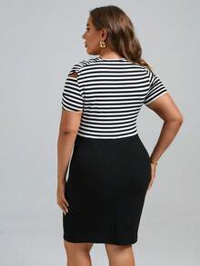 SHEIN Clasi Vestido ajustado con estampado de rayas de cuello asimétrico - Blanco y Negro - Ver 2