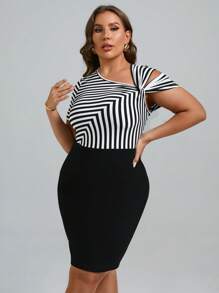 SHEIN Clasi Vestido ajustado con estampado de rayas de cuello asimétrico - Blanco y Negro - Ver 4