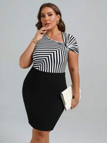 SHEIN Clasi Vestido ajustado con estampado de rayas de cuello asimétrico - Blanco y Negro - Ver 5