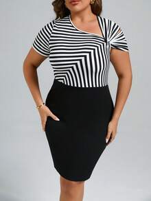 SHEIN Clasi Vestido ajustado con estampado de rayas de cuello asimétrico - Blanco y Negro - Ver 6