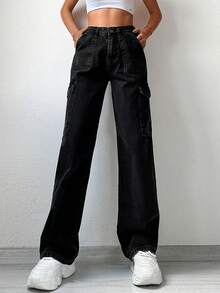 Cottnline Flap Pocket Side Cargo Jeans - Black - View 3