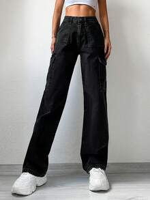 Cottnline Flap Pocket Side Cargo Jeans - Black - View 5