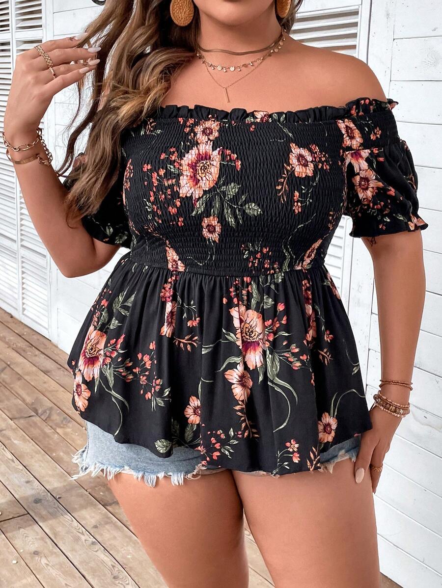 SHEIN LUNE 大碼印花一字肩荷葉邊下擺襯衫 - 黑色 - 查看 1