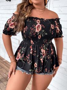 SHEIN LUNE 大碼印花一字肩荷葉邊下擺襯衫 - 黑色 - 查看 4