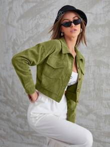 Mulvari Flap Pocket Button Front Crop Corduroy Jacket - Green - View 1