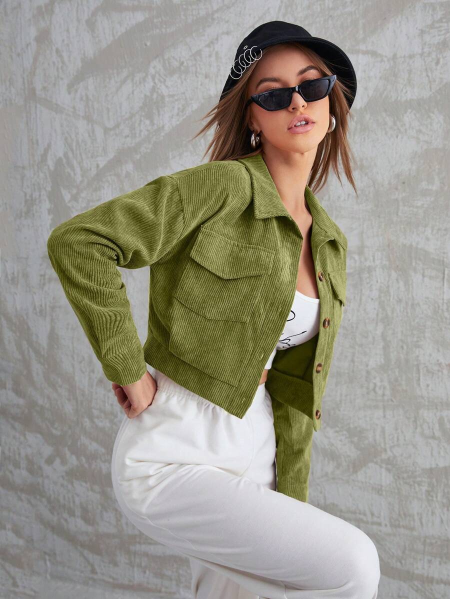 Mulvari Flap Pocket Button Front Crop Corduroy Jacket - Green - View 1