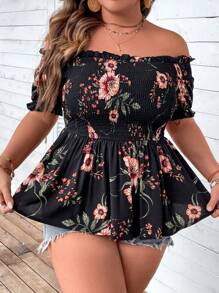 SHEIN LUNE 大碼印花一字肩荷葉邊下擺襯衫 - 黑色 - 查看 6