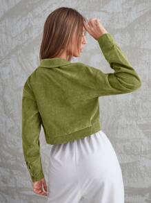 Mulvari Flap Pocket Button Front Crop Corduroy Jacket - Green - View 2