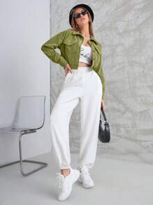 Mulvari Flap Pocket Button Front Crop Corduroy Jacket - Green - View 3
