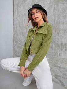 Mulvari Flap Pocket Button Front Crop Corduroy Jacket - Green - View 4
